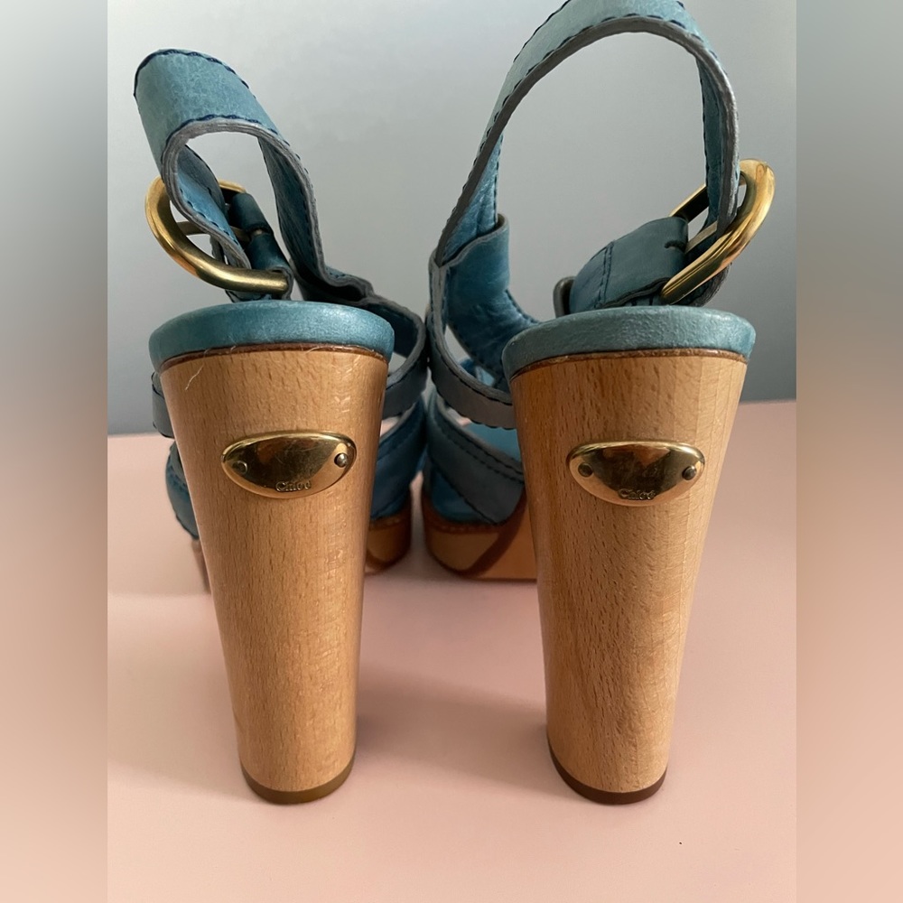 New Chloe Wood Chunky High Heel Leather Sandals with dust bag Size 40.5 - Picture 3 of 9